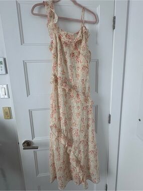 Storia One-Shoulder Floral Ruffle Maxi Dress in Cream and Pink